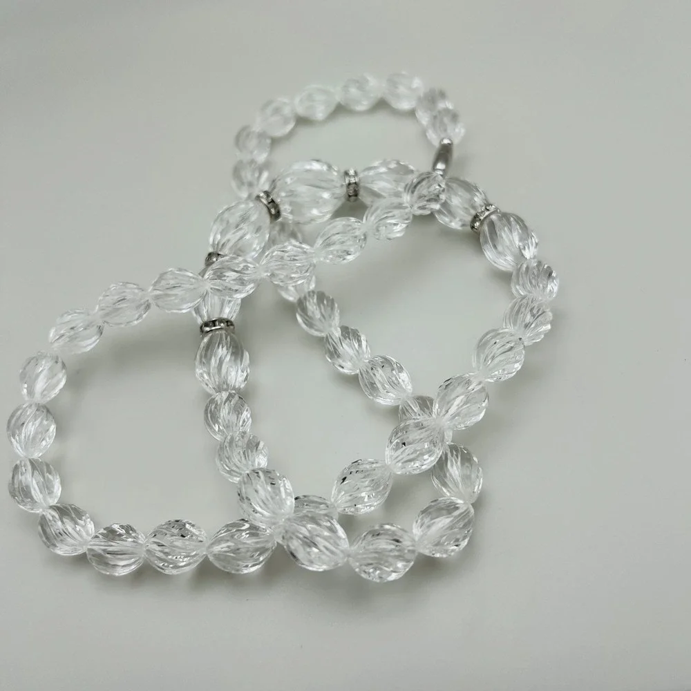 Vintage Bead Necklace Faceted Clear Crystal 30 in Silvertone Rhinestone Stations